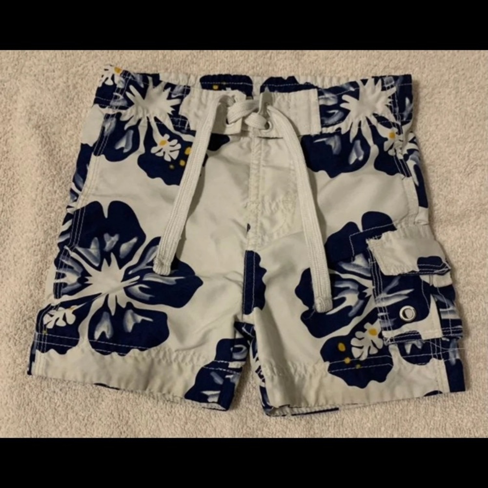 Boys 12m Hawaiian blue floral swimming trunks